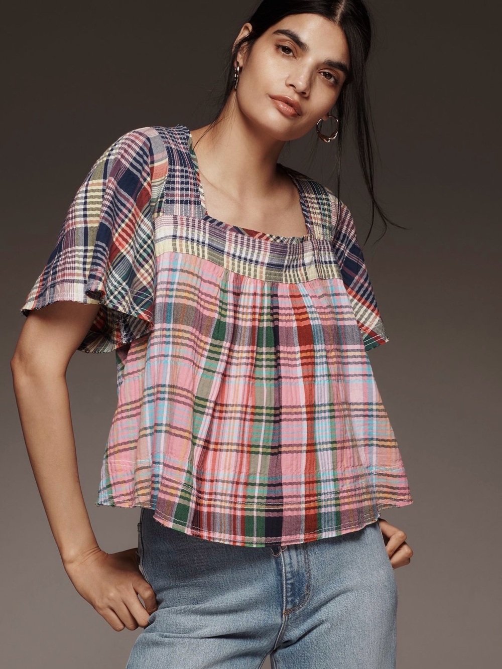 Anthropologie Plaid Square-Neck Flutter Sleeve Top- Pink Multi